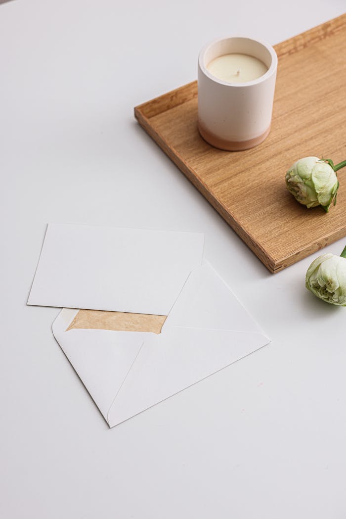 gallery-4 A simple and elegant composition featuring envelopes, a candle, and white flowers on a wooden tray.
